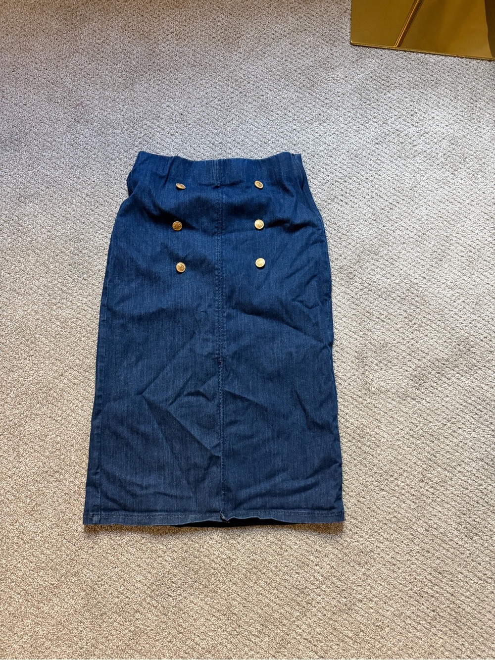 Classic Navy Denim Pencil Skirt with Gold Buttons
